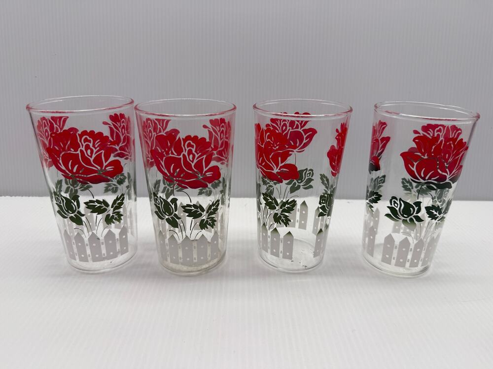 4-Vintage Hazel Atlas Glasses w/red rose & white picketfence